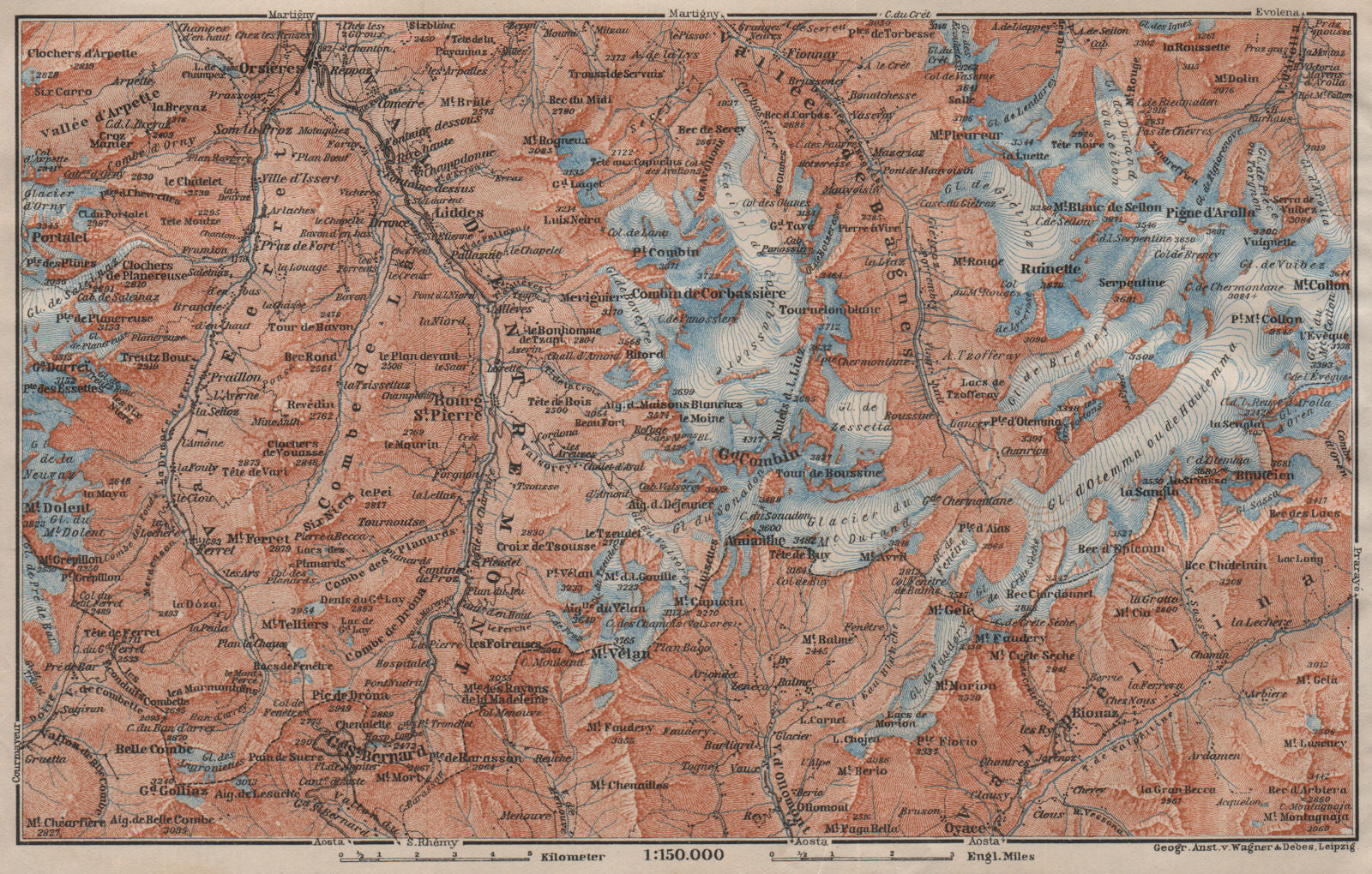 GRAND ST BERNARD ENVIRONS Arolla Grand Combin Massif Orsières Mt Velan 1911 map